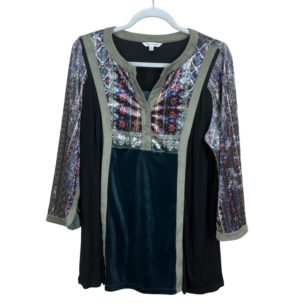 John Mark Embroidered Velvet Burnout Tunic Top Womens M Boho Floral Eclectic